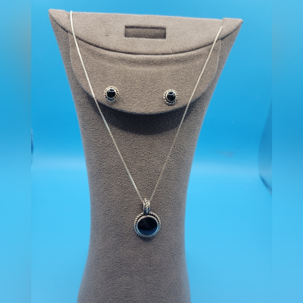 Vintage Sterling silver Ross Simons Round Black Onyx Necklace and Earring Set